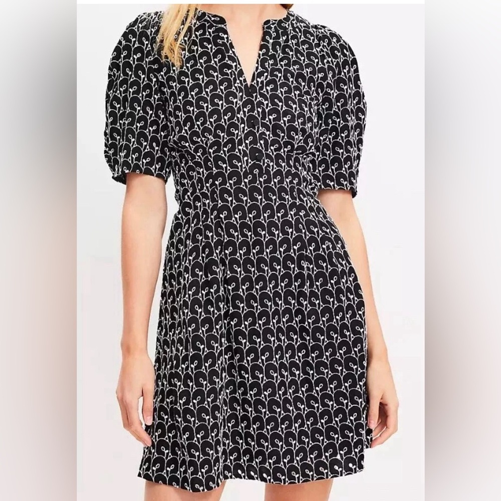 Loft Embroidered Mini Dress Size 12 Cotton Black Short Sleeves Puff Sleeves